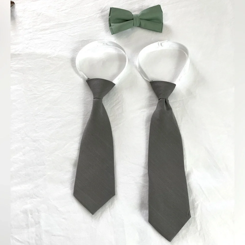 Boys formalwear accessories: 2 gray suspenders & adjustable ties, green bow tie